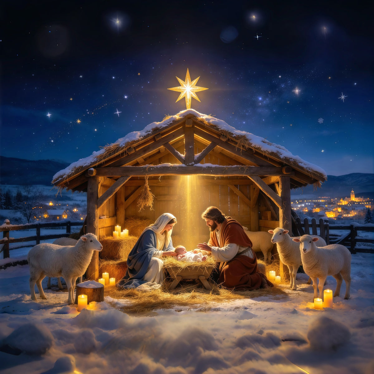 Nativity Scene Backdrop Starry Manger Stable Gathering Christmas Photo Backdrops GQ610-4