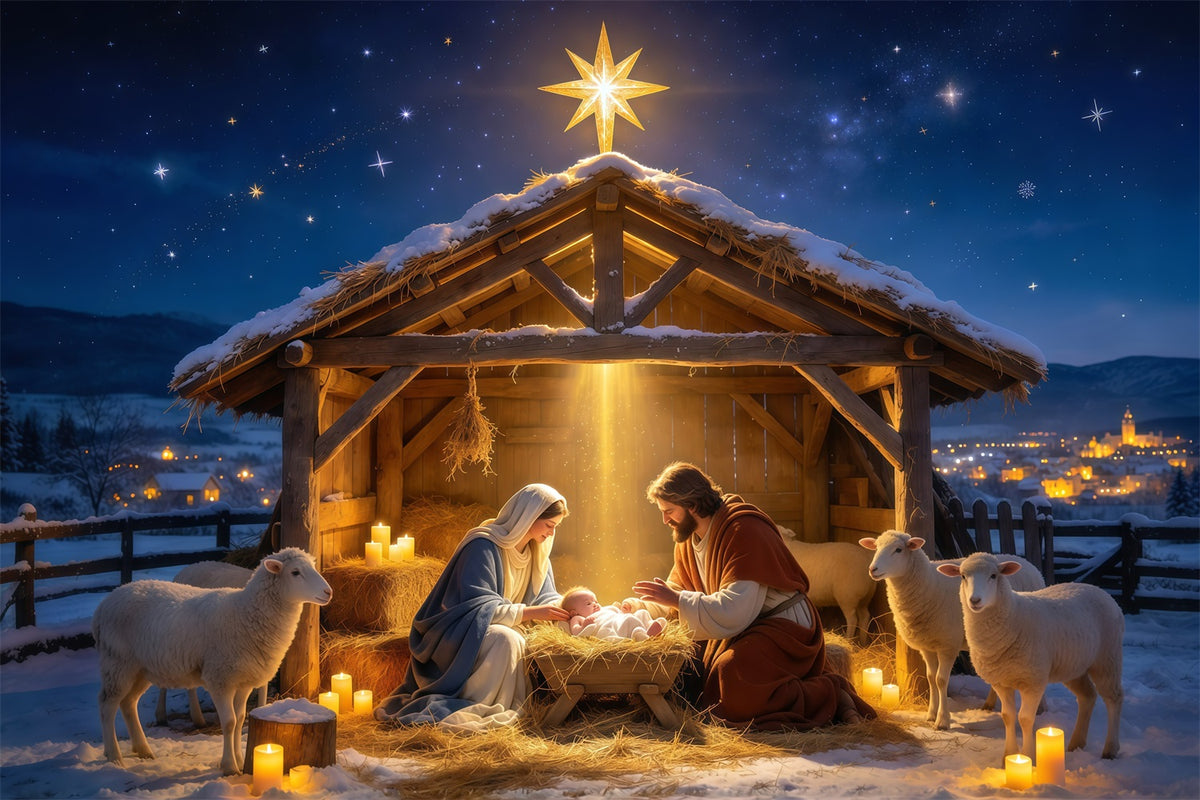 Nativity Scene Backdrop Starry Manger Stable Gathering Christmas Photo Backdrops GQ610-4