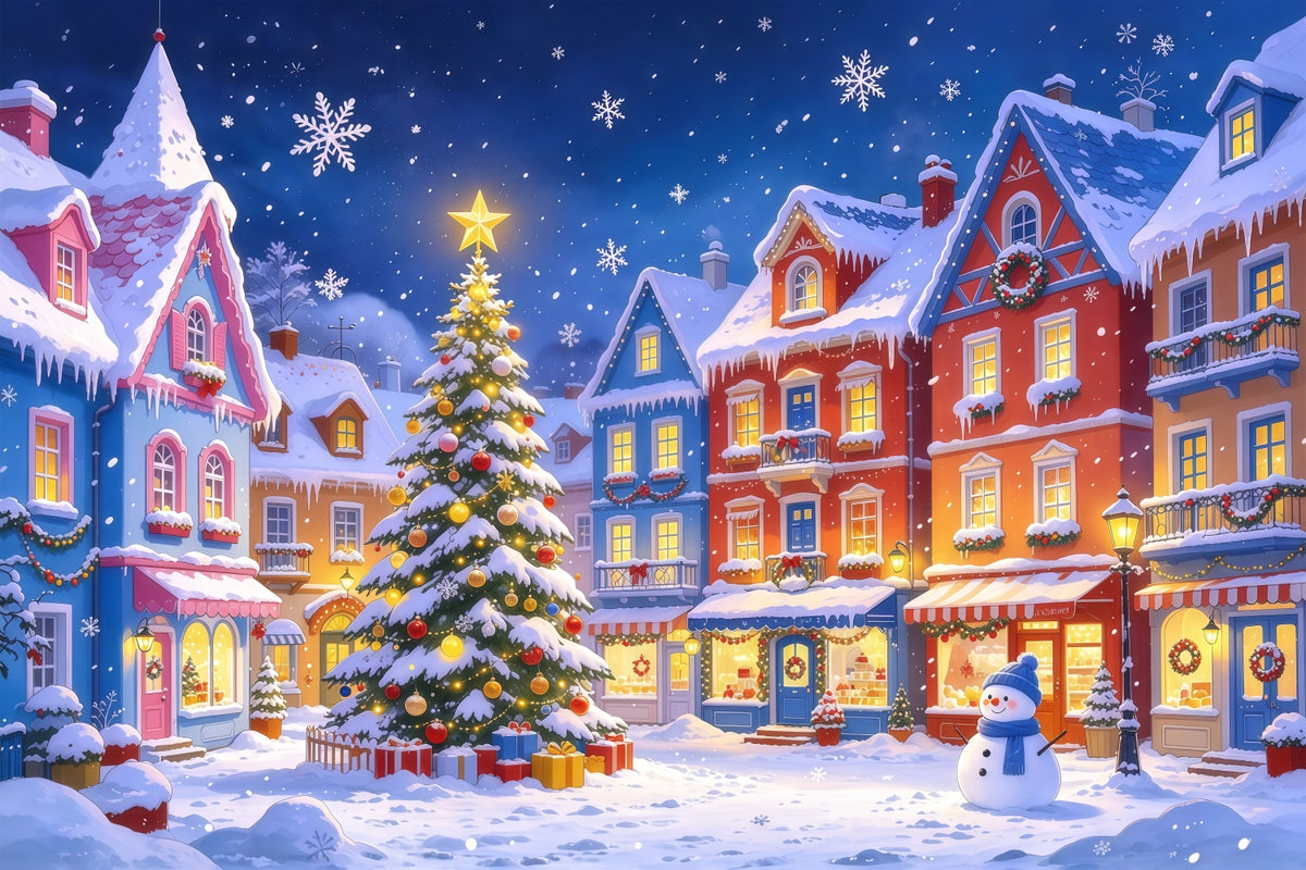 Christmas Town Backdrops Colorful Snowy Village Square Christmas Picture Backdrop GQ610-47
