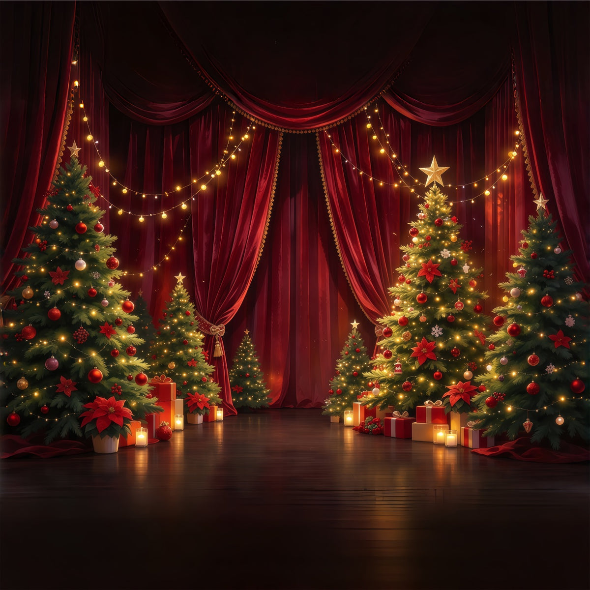 Christmas Backdrop for Photography Crimson Curtain Evergreen Display Christmas Stage Backdrops GQ610-49