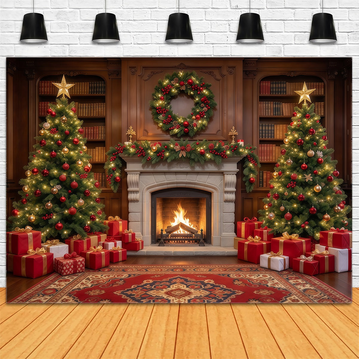 Christmas Backdrops for Photography Twin Trees Festive Fireplace Christmas Fireplace Backdrop GQ610-51