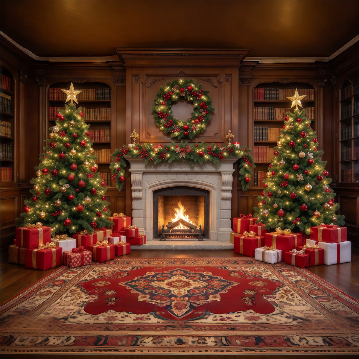 Christmas Backdrops for Photography Twin Trees Festive Fireplace Christmas Fireplace Backdrop GQ610-51