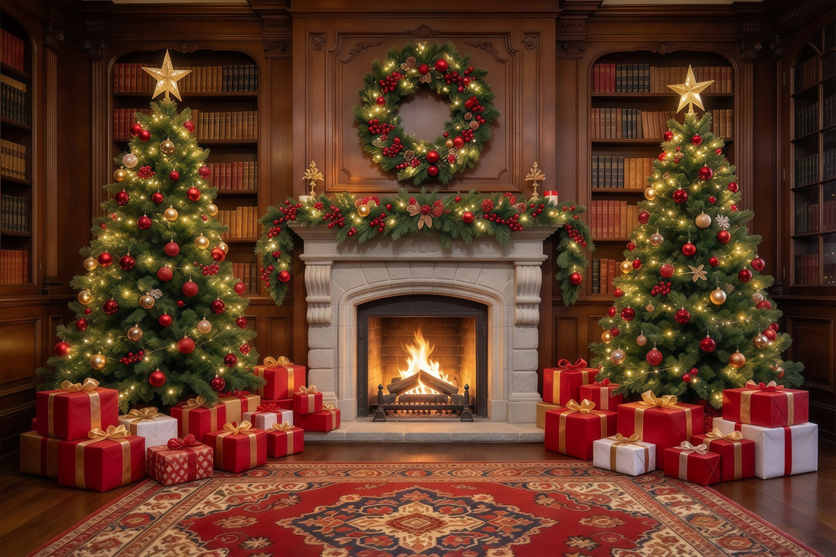 Christmas Backdrops for Photography Twin Trees Festive Fireplace Christmas Fireplace Backdrop GQ610-51