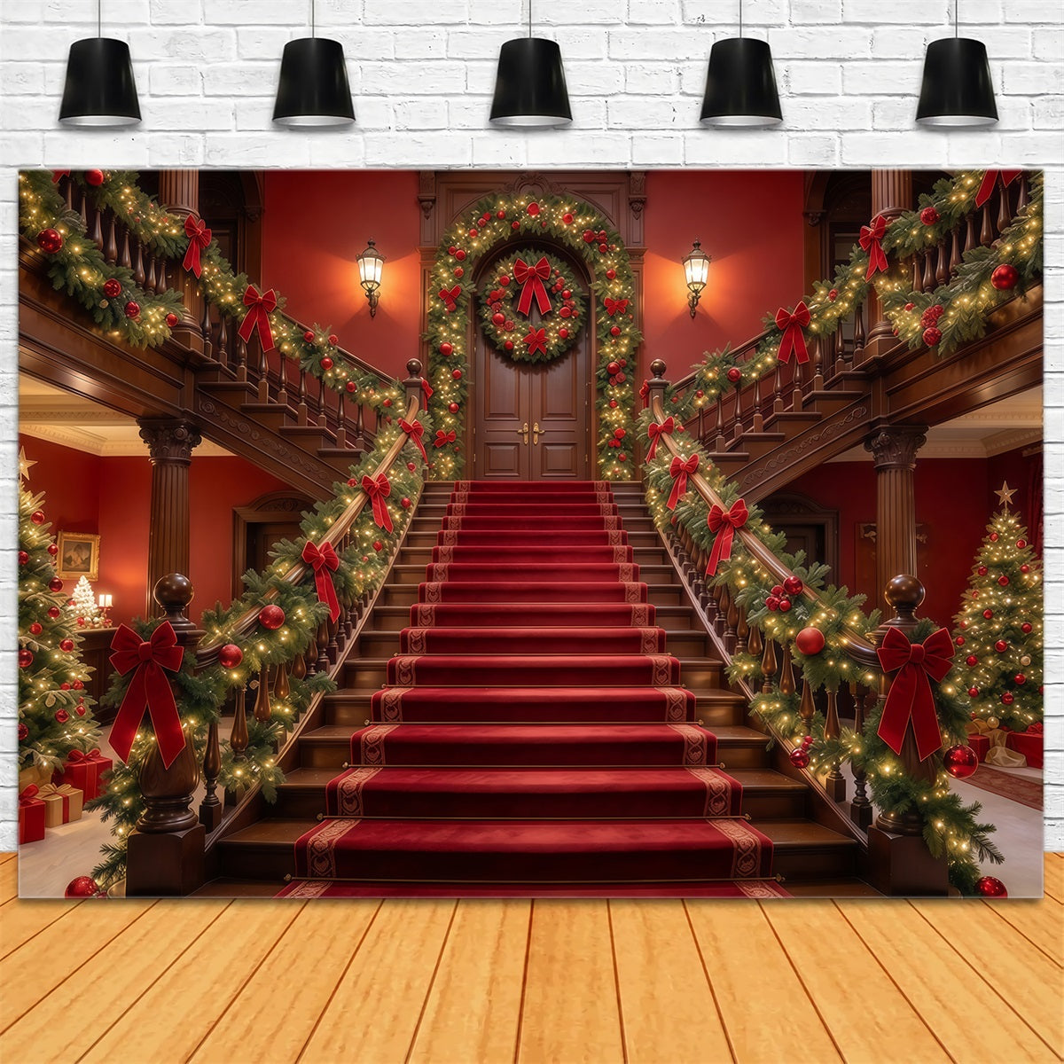 Christmas Scene Backdrop Garland Red Carpet Staircase Christmas Staircase Backdrop GQ610-55