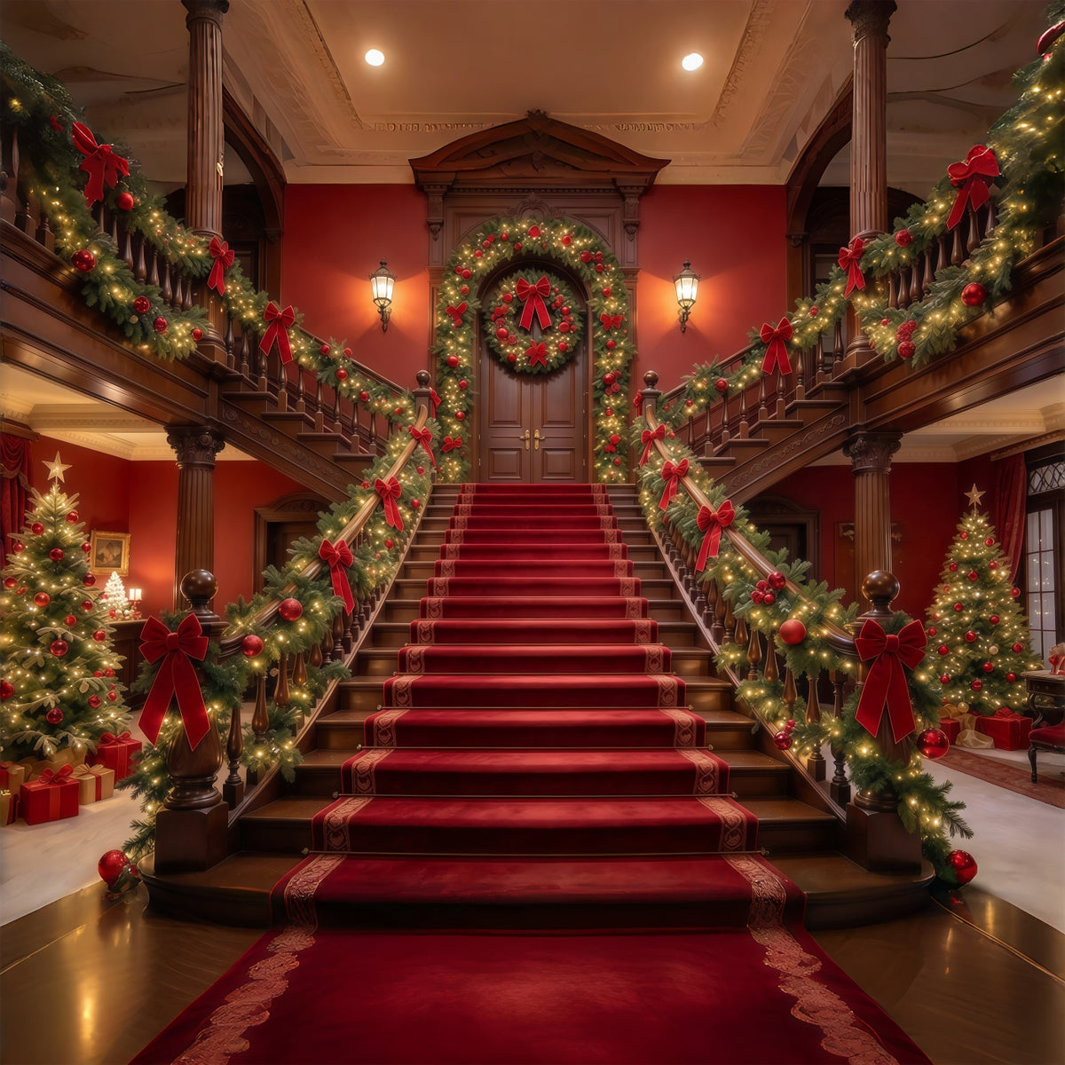 Christmas Scene Backdrop Garland Red Carpet Staircase Christmas Staircase Backdrop GQ610-55