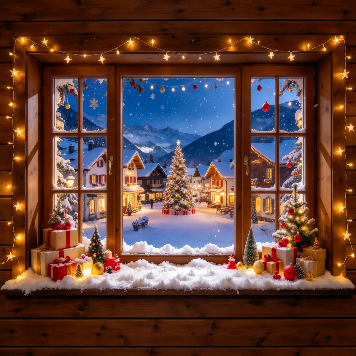 Winter Christmas Backdrop Snowy Alpine House Window Christmas Village Backdrops GQ610-57