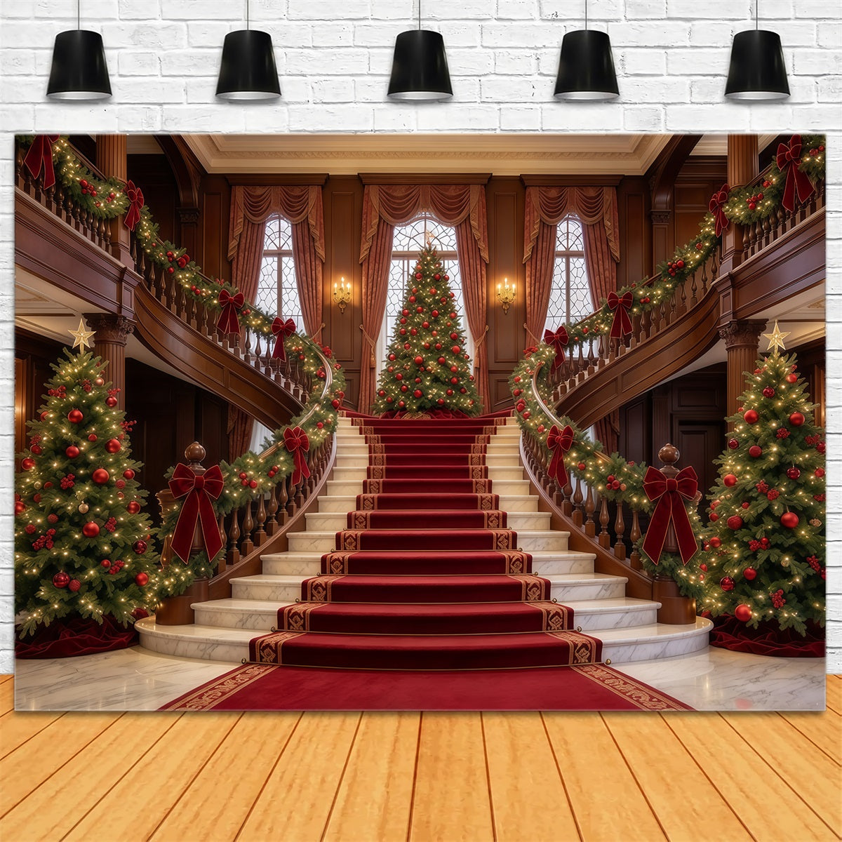 Living Room Christmas Backdrop Grand Christmas Staircase Tree Christmas Wall Backdrop GQ610-58