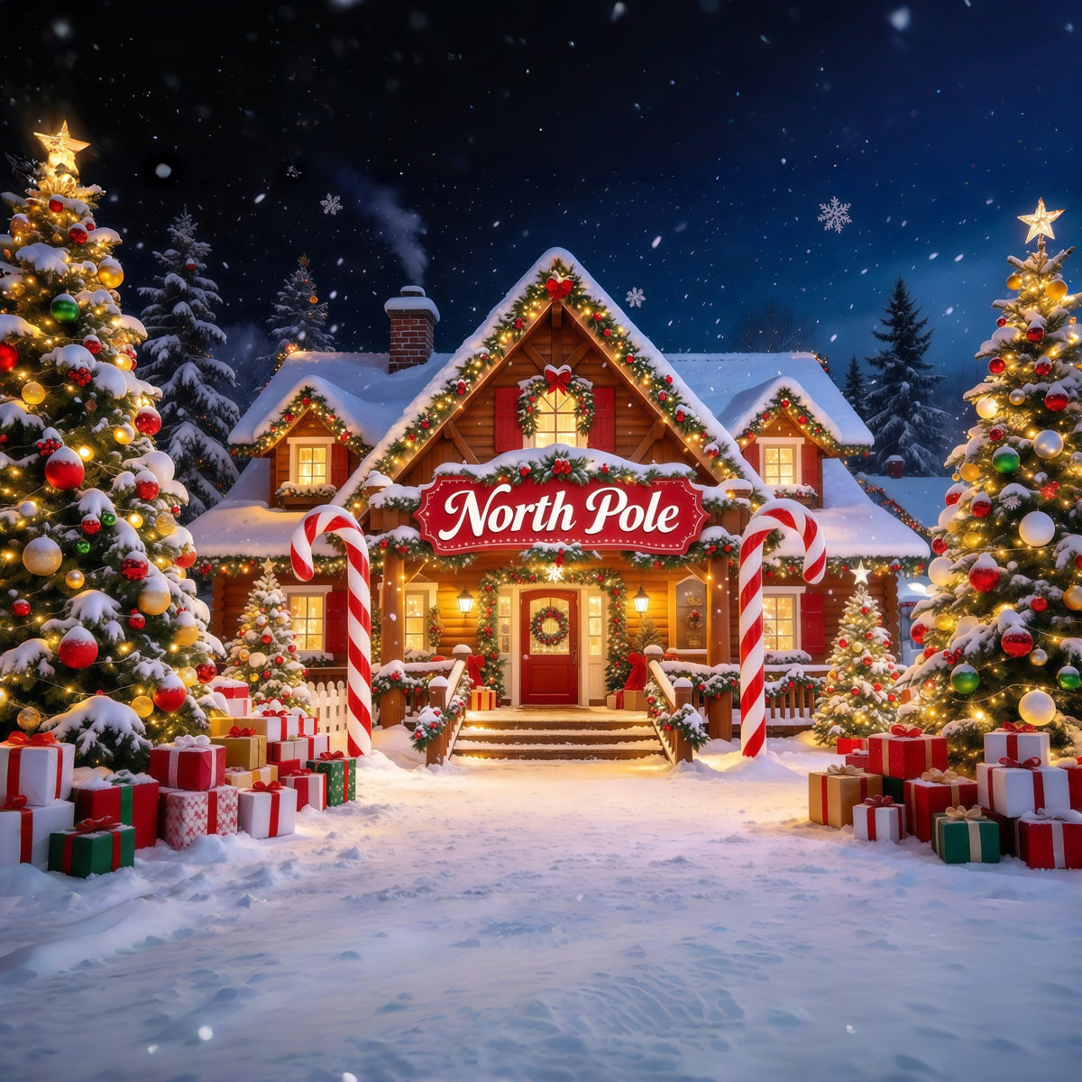 North Pole Photo Backdrop Snowy Lodge Candy Cane Arch Professional Christmas Backdrop GQ610-6