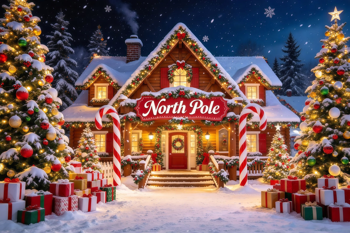 North Pole Photo Backdrop Snowy Lodge Candy Cane Arch Professional Christmas Backdrop GQ610-6