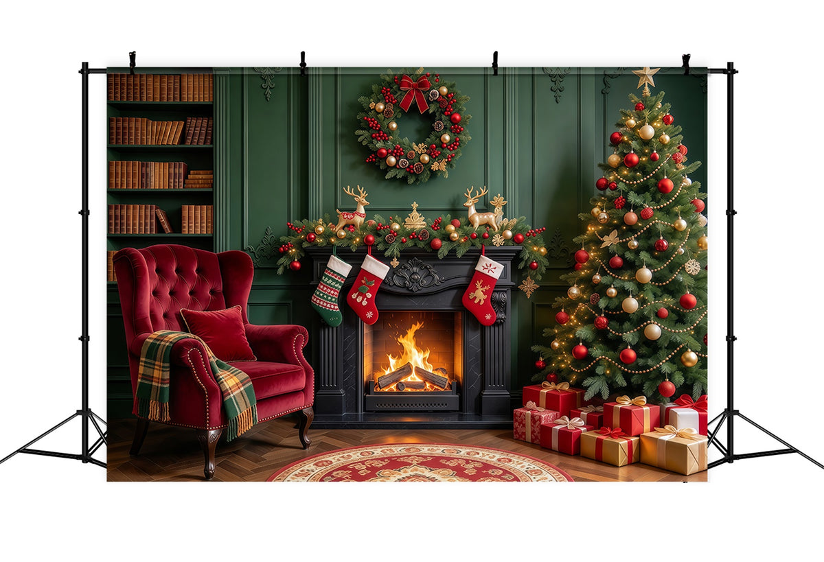 Christmas Fireplace Backdrops Emerald Fireplace Stocking Lounge Christmas Scene Backdrop GQ610-60