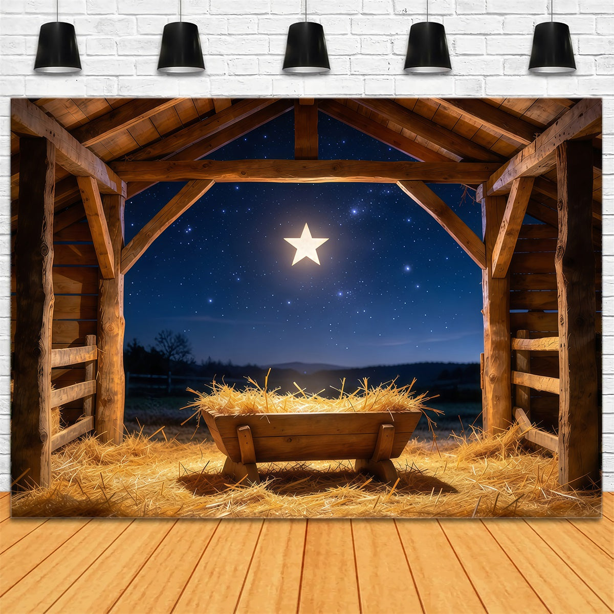 Nativity Scene Backdrop Starry Night Manger Stable Manger Scene Backdrop GQ610-61
