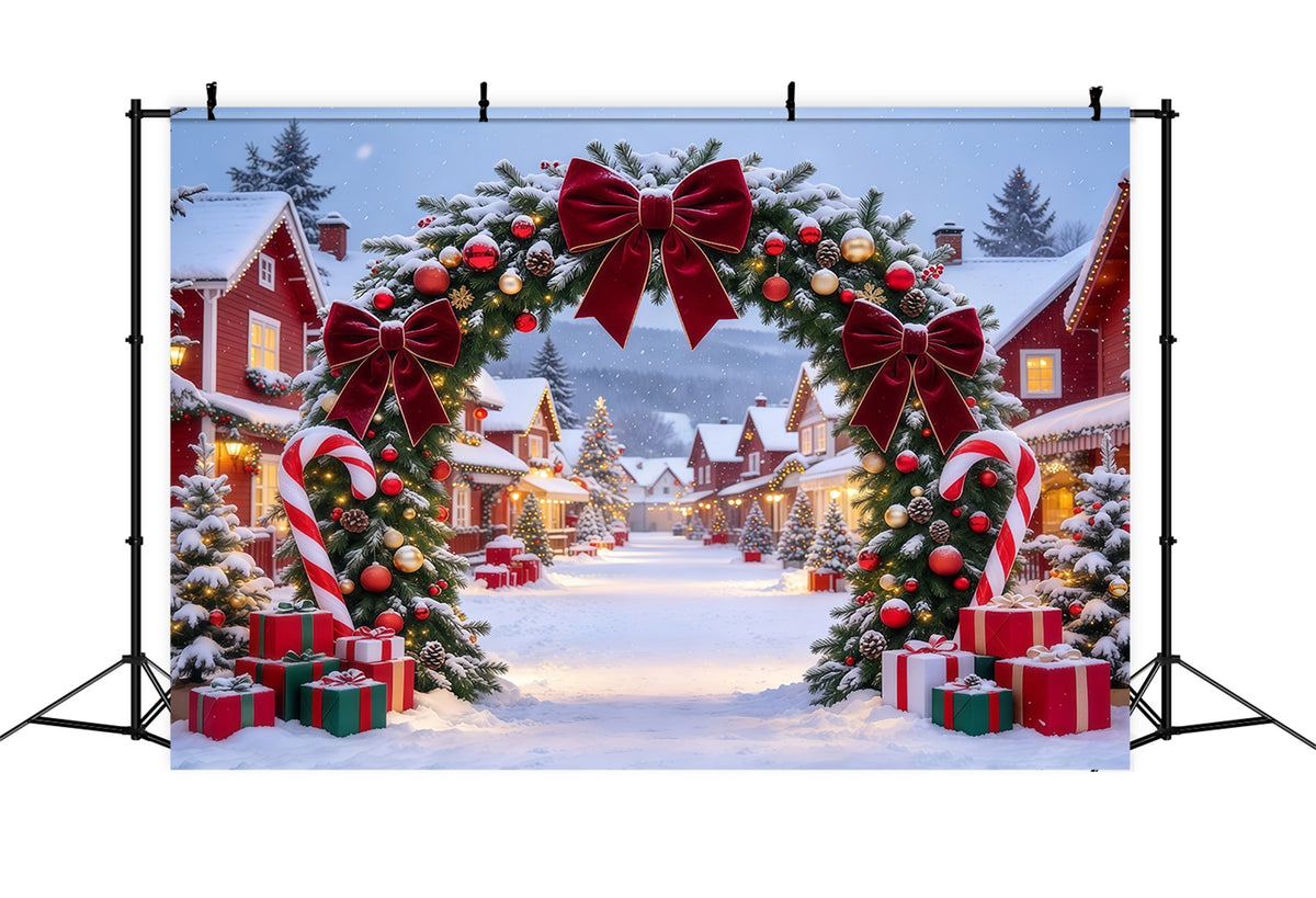 Christmas Village Backdrops Burgundy Bow Candy Cane Arch Christmas Themed Backdrops GQ610-62