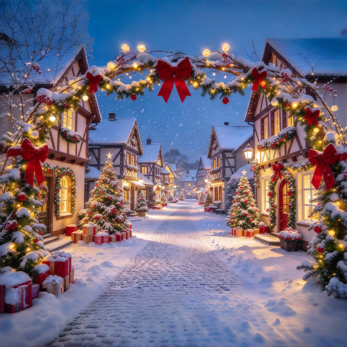 Christmas Village Backdrops Red Bow Snowy Arch Gateway Xmas Backdrops GQ610-64
