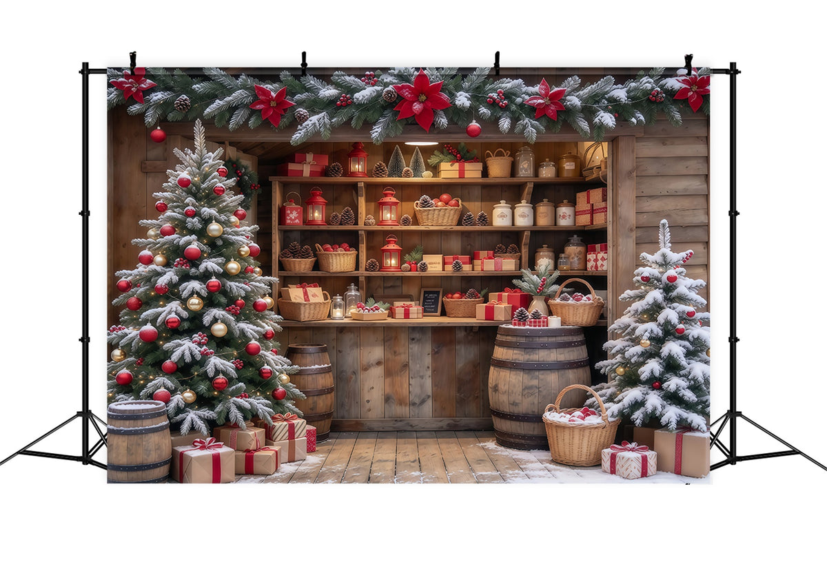 Christmas Store Backdrop Snowy Rustic Gift Shop Christmas Backdrop for Pictures GQ610-65