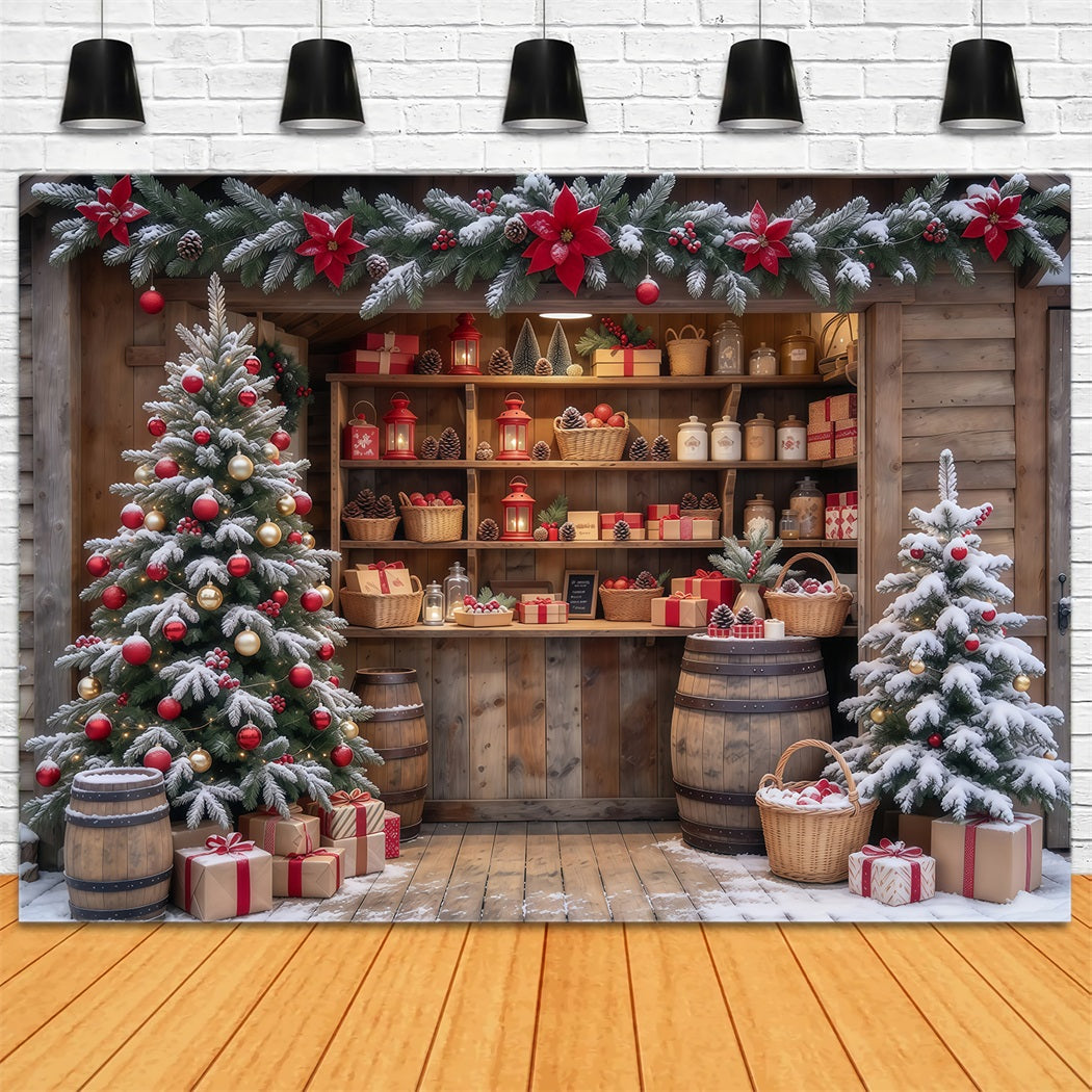 Christmas Store Backdrop Snowy Rustic Gift Shop Christmas Backdrop for Pictures GQ610-65