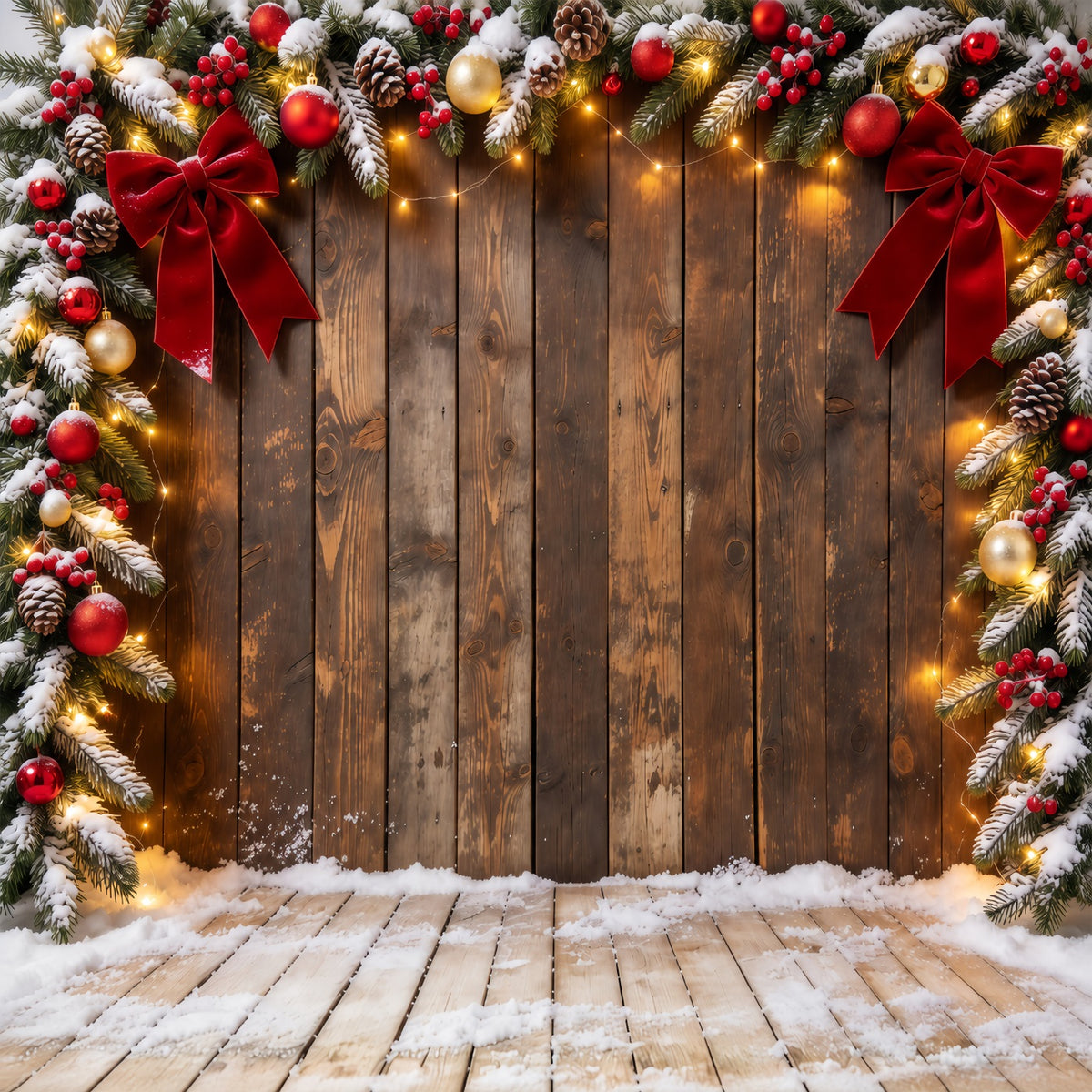 Christmas Backdrop Rustic Wood Bow Ornament Frame Christmas Theme Backdrop GQ610-66
