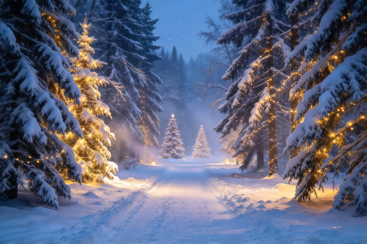 Christmas Tree Forest Backdrop Glowing Snowy Evergreen Trail Christmas Party Photo Backdrop GQ610-67