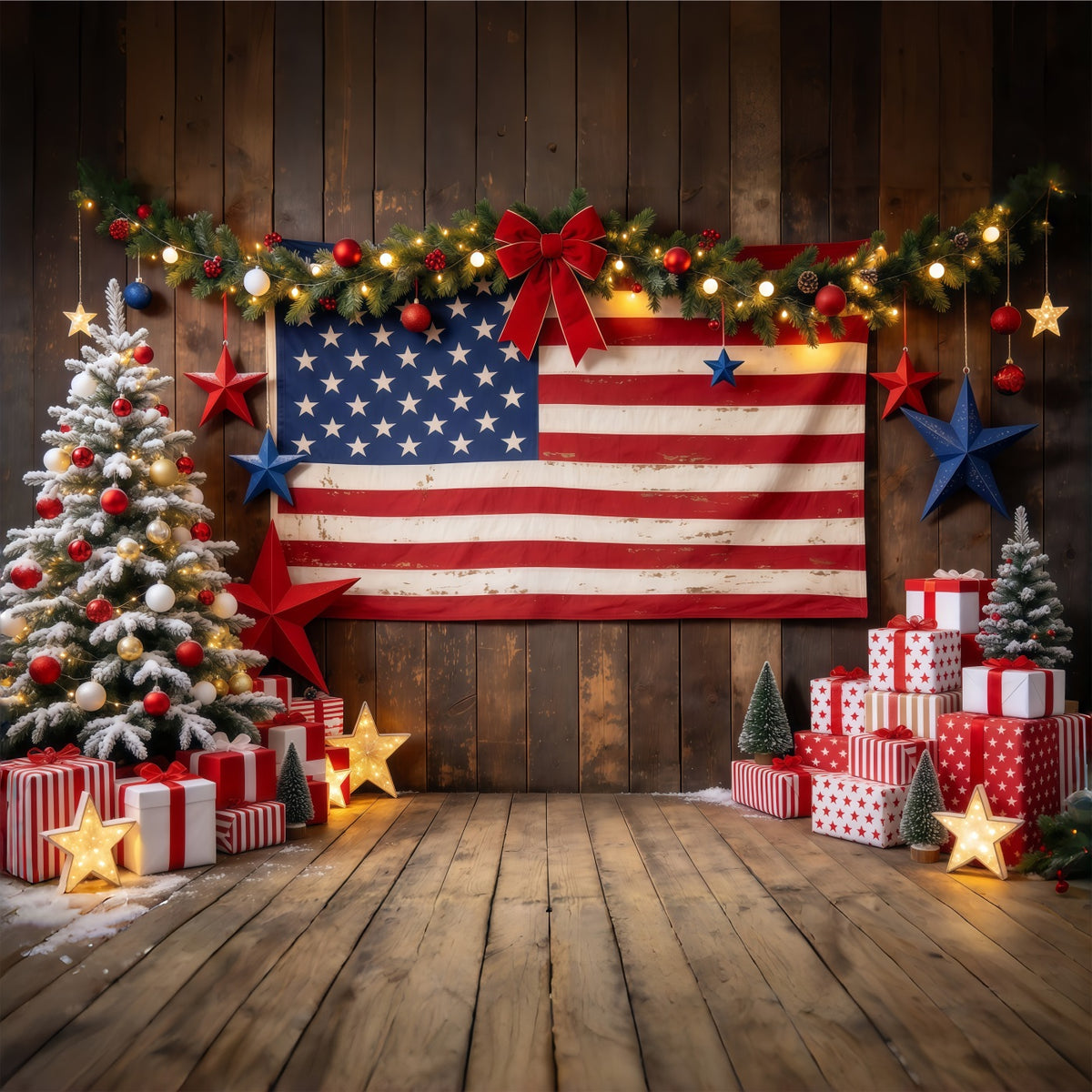 Country Christmas Backdrop Rustic Flag Gift Display Christmas Tree Photography Backdrop GQ610-68