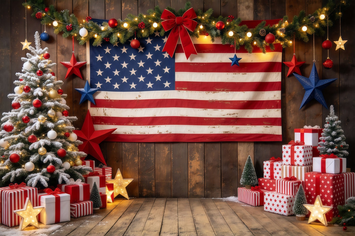 Country Christmas Backdrop Rustic Flag Gift Display Christmas Tree Photography Backdrop GQ610-68