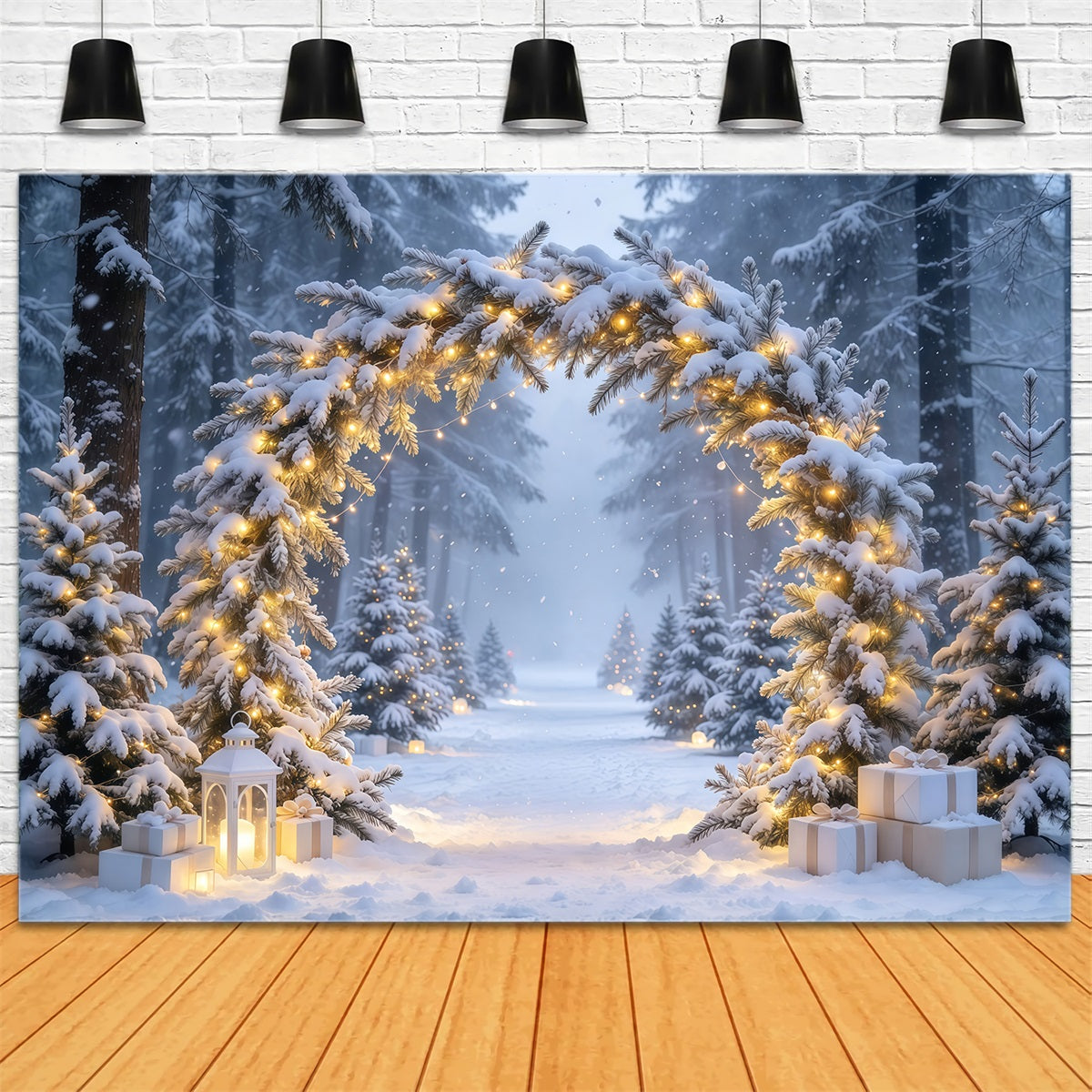 Christmas Backdrops for Photos Snowy Illuminated Evergreen Arch Winter Wonderland Christmas Backdrop GQ610-69