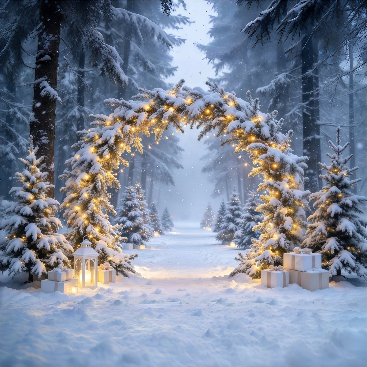 Christmas Backdrops for Photos Snowy Illuminated Evergreen Arch Winter Wonderland Christmas Backdrop GQ610-69