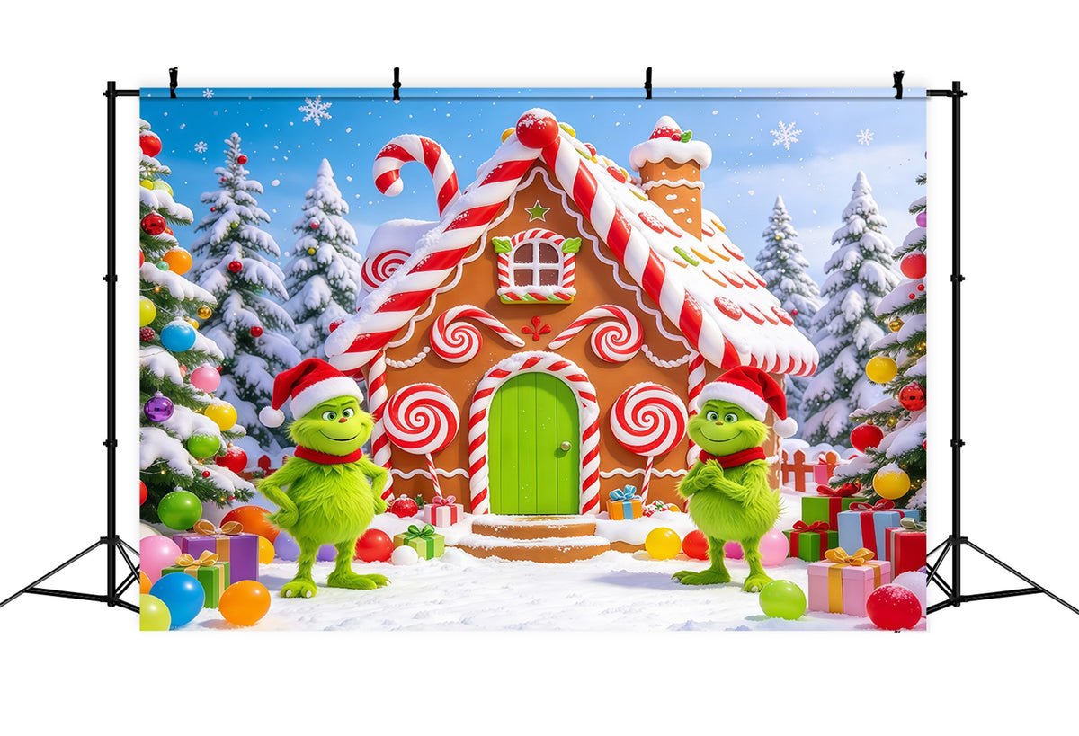 Grinch Backdrop Green Mischief Gingerbread Cottage Christmas Backdrops for Pictures GQ610-70