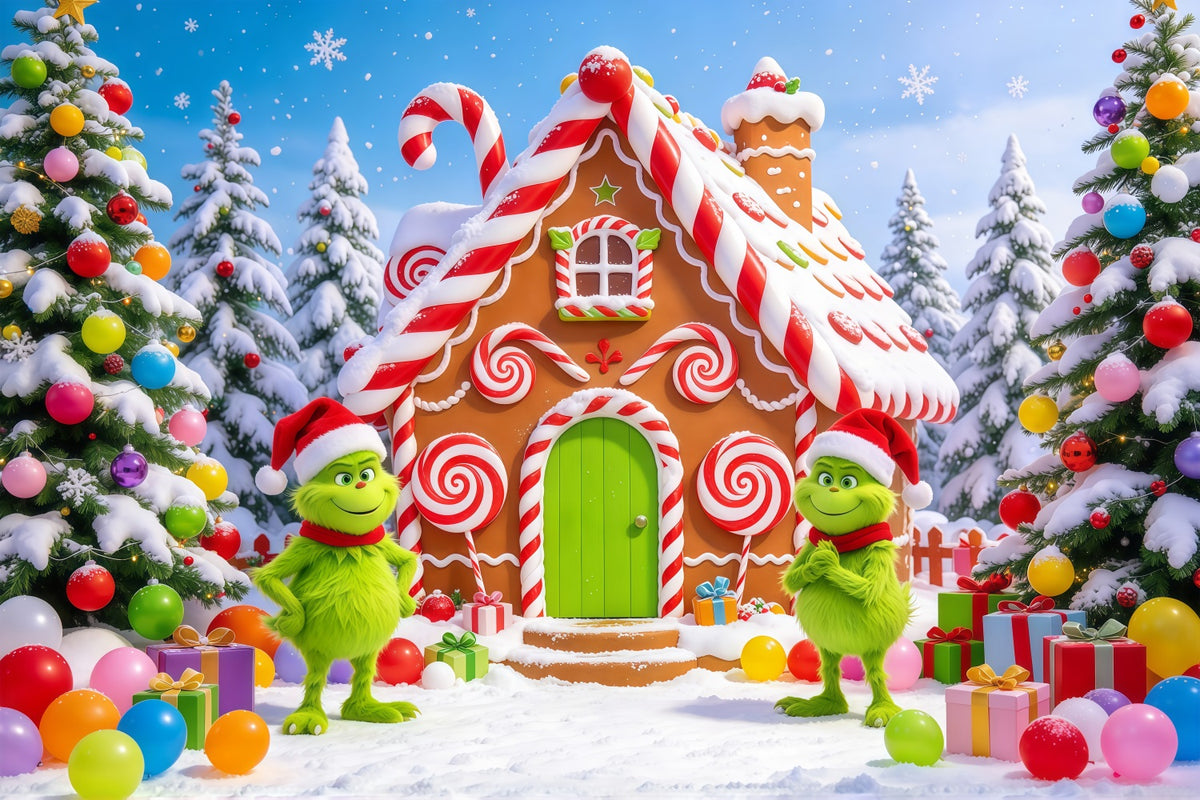 Grinch Backdrop Green Mischief Gingerbread Cottage Christmas Backdrops for Pictures GQ610-70