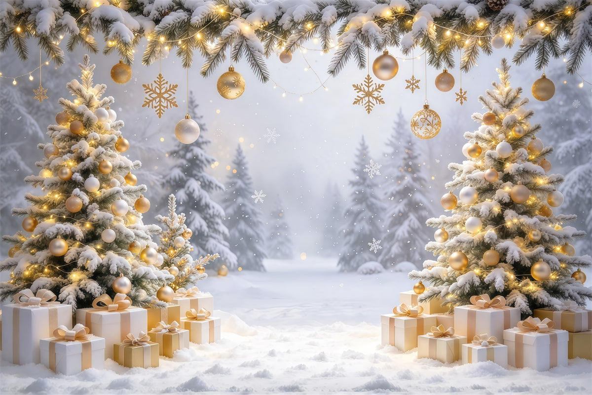 Christmas Backdrop for Photos Golden Ornament Snowy Forest Christmas Card Backdrop GQ610-71