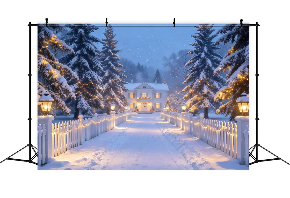 Christmas Lights Photo Backdrop Snowy Lantern Picket Path Christmas Photobooth Backdrop GQ610-72