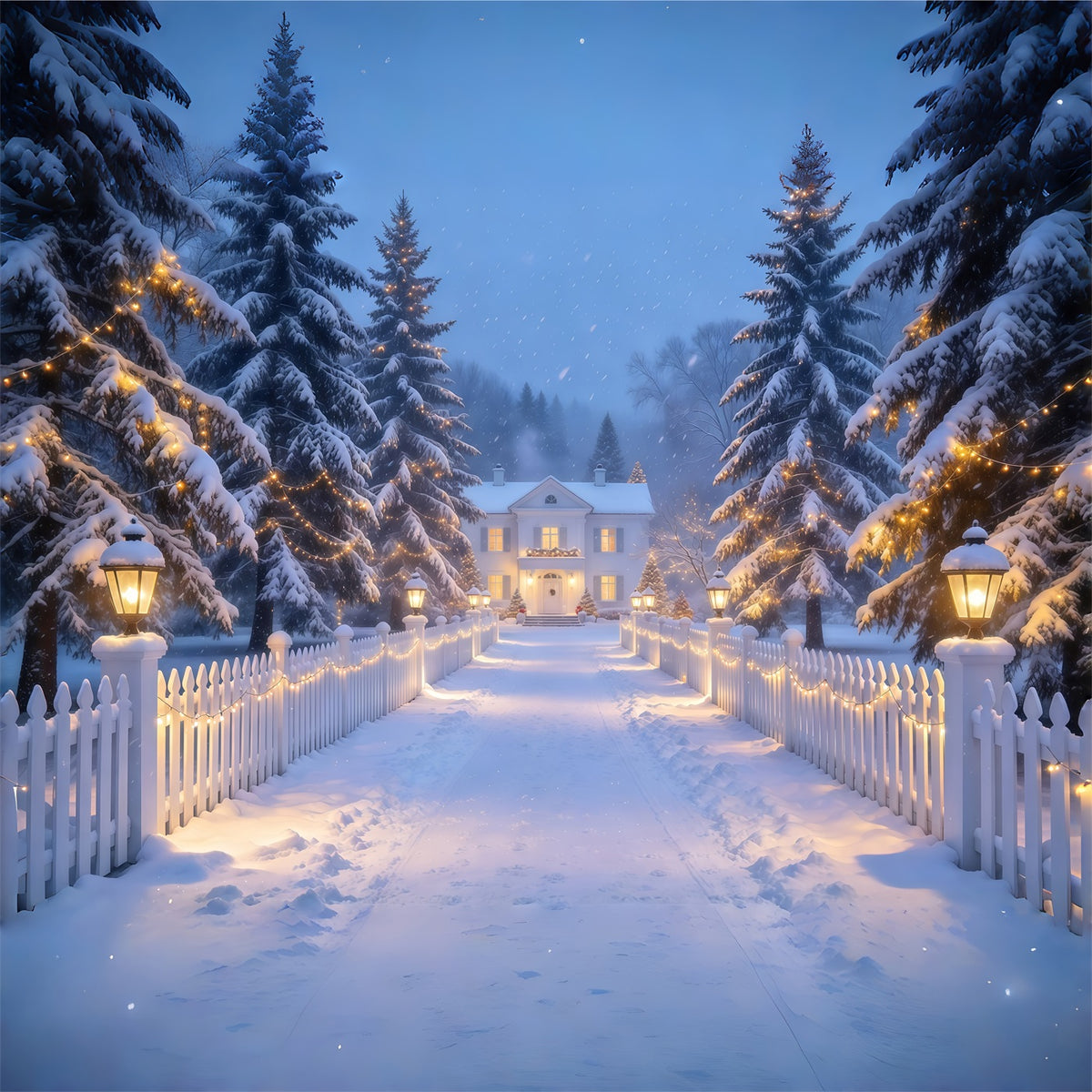 Christmas Lights Photo Backdrop Snowy Lantern Picket Path Christmas Photobooth Backdrop GQ610-72