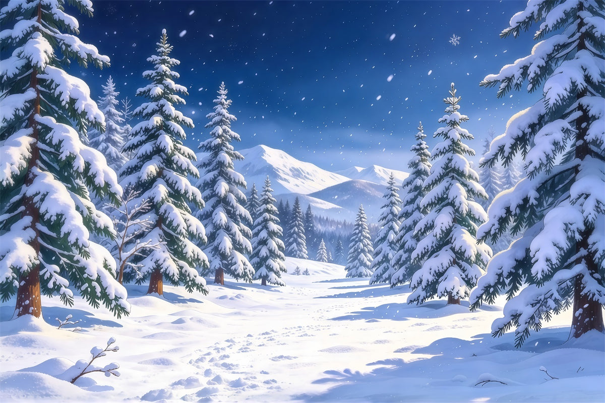 Christmas Tree Photography Backdrop Snowy Evergreen Mountain Valley Christmas Backdrop Photo GQ610-73