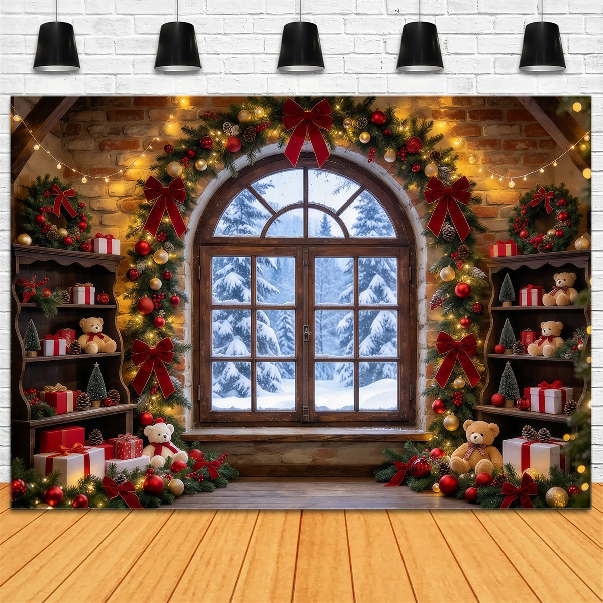 Christmas Window Backdrops Rustic Toy Room Interior Christmas Holiday Backdrop GQ610-74