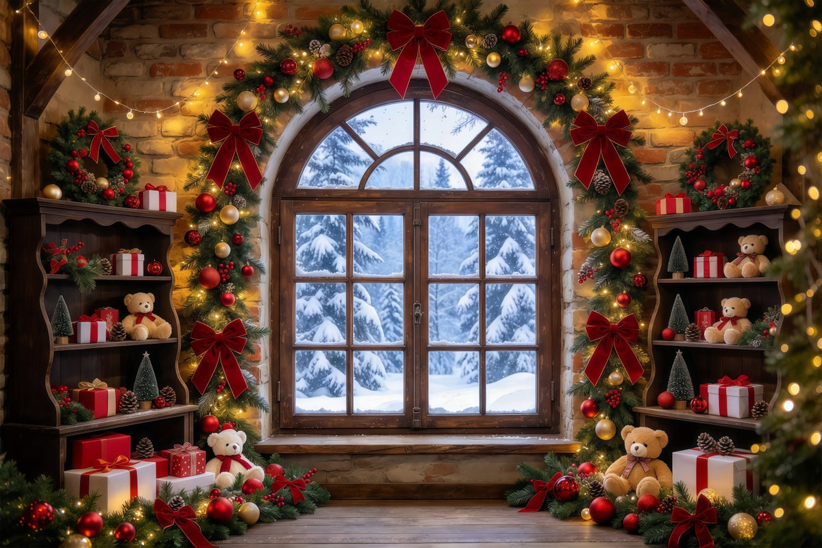 Christmas Window Backdrops Rustic Toy Room Interior Christmas Holiday Backdrop GQ610-74