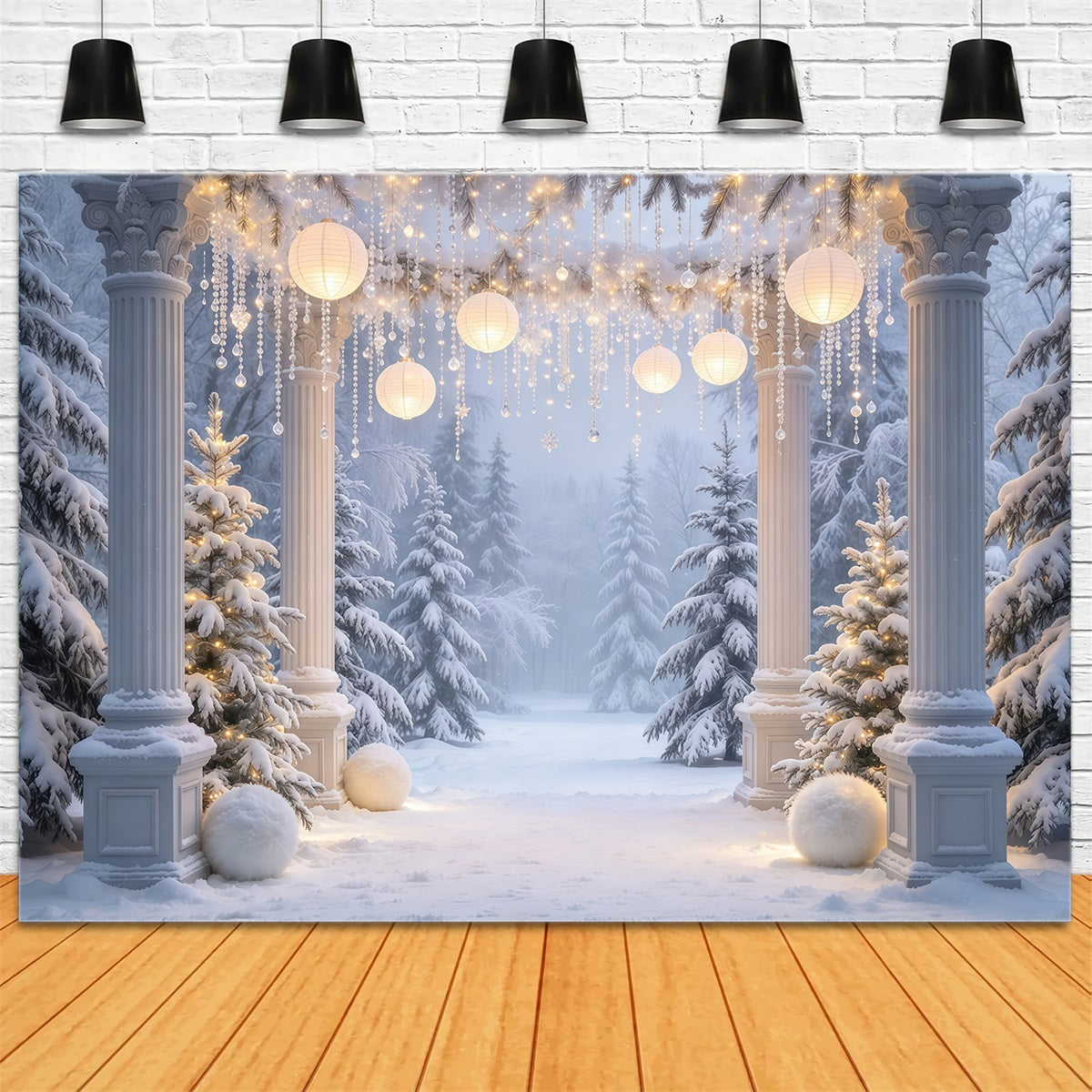 Christmas Forest Backdrop Snowy Column Lantern Archway Christmas Portrait Backdrop GQ610-77