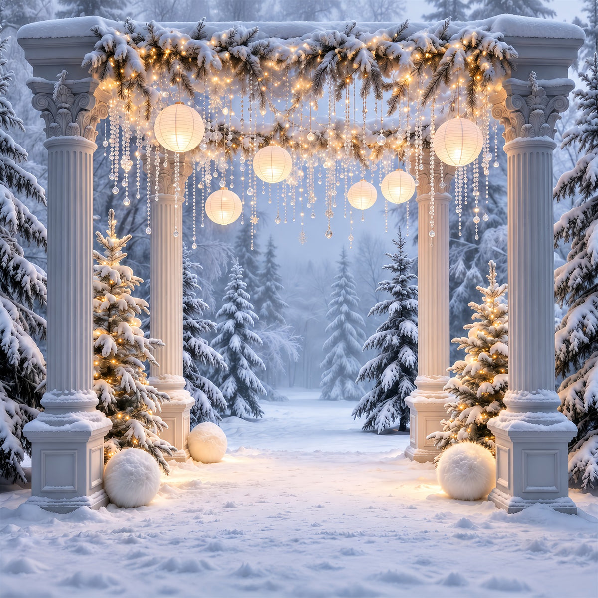 Christmas Forest Backdrop Snowy Column Lantern Archway Christmas Portrait Backdrop GQ610-77