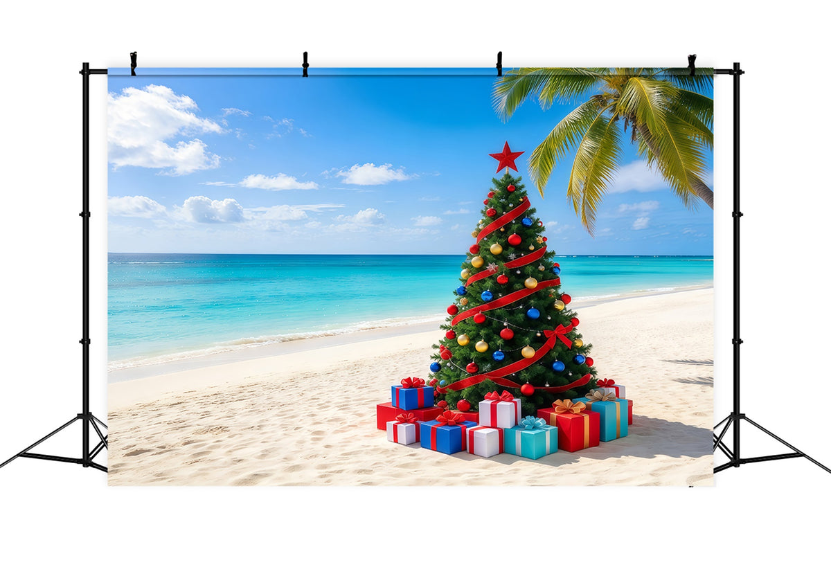 Christmas Tree Backdrops Tropical Beach Decorated Tree Christmas Themed Backdrop GQ610-79