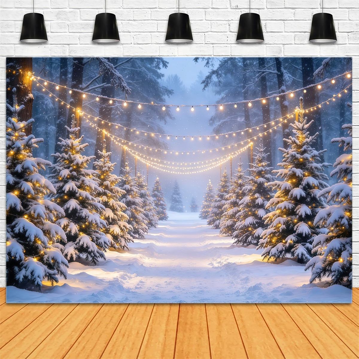 Christmas Tree Forest Backdrop Snowy Forest Glowing Lights Christmas Picture Backdrops GQ610-80