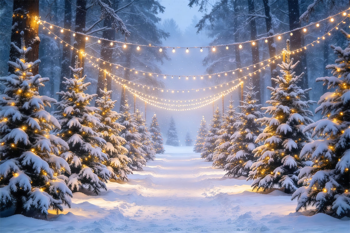 Christmas Tree Forest Backdrop Snowy Forest Glowing Lights Christmas Picture Backdrops GQ610-80