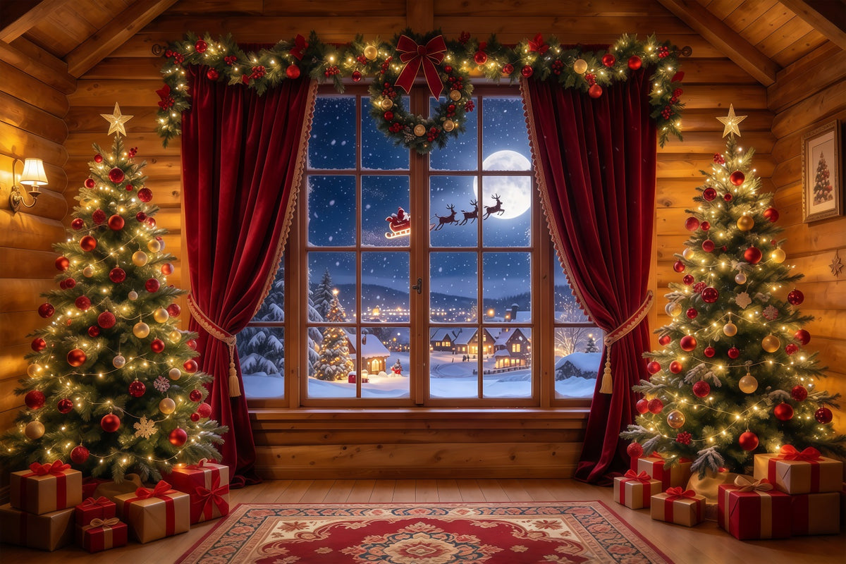 Santa Backdrop Rustic Cabin Santa Window Christmas Scene Backdrops GQ610-83