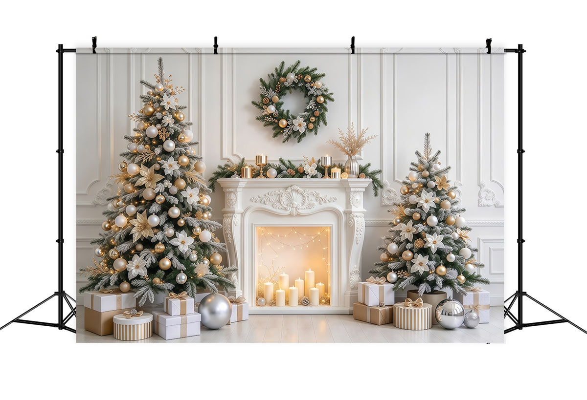 Christmas Photo Backdrop Elegant White Gold Fireplace Christmas Backdrop for Photoshoot GQ610-84