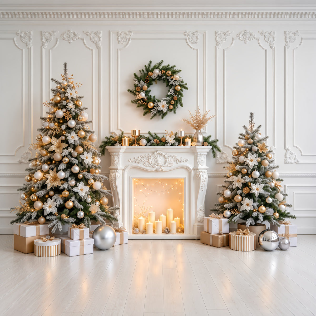 Christmas Photo Backdrop Elegant White Gold Fireplace Christmas Backdrop for Photoshoot GQ610-84