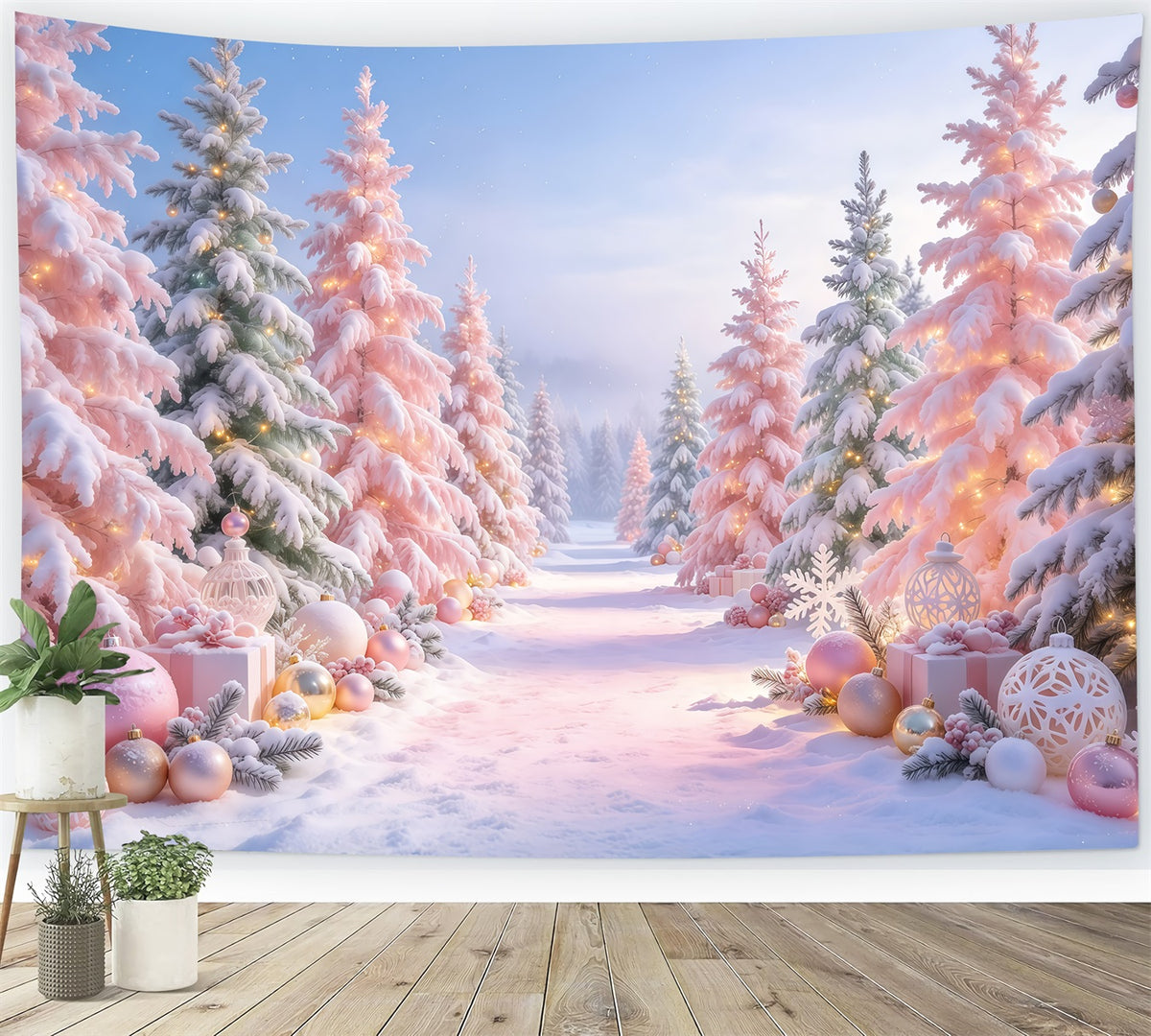Christmas Tree Backdrops Blush Pink Ornament Forest Christmas Stage Backdrop GQ610-85