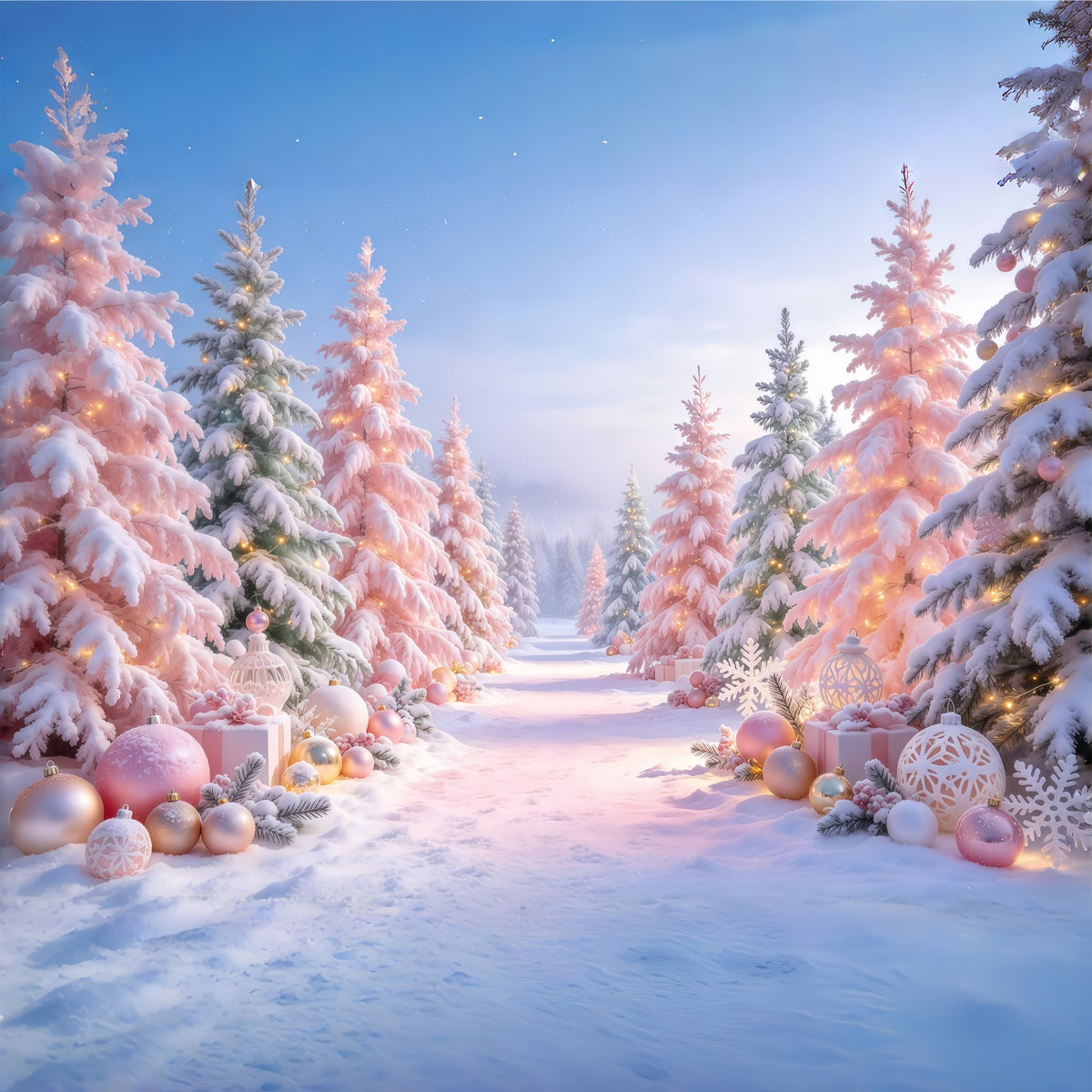 Christmas Tree Backdrops Blush Pink Ornament Forest Christmas Stage Backdrop GQ610-85