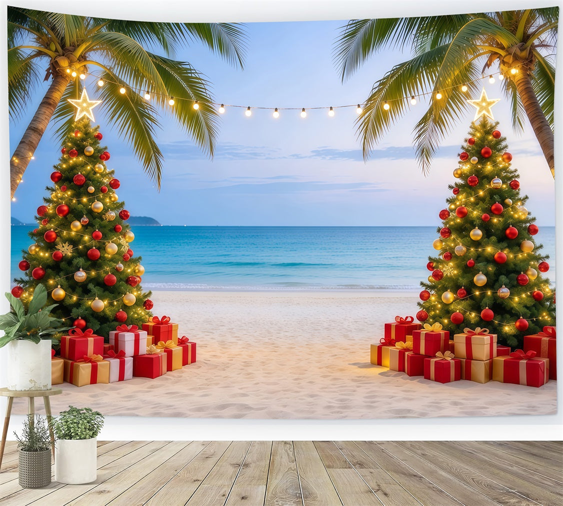 Tropical Christmas Backdrop Sea Beach Twin Trees Christmas in July Photo Backdrop GQ610-86