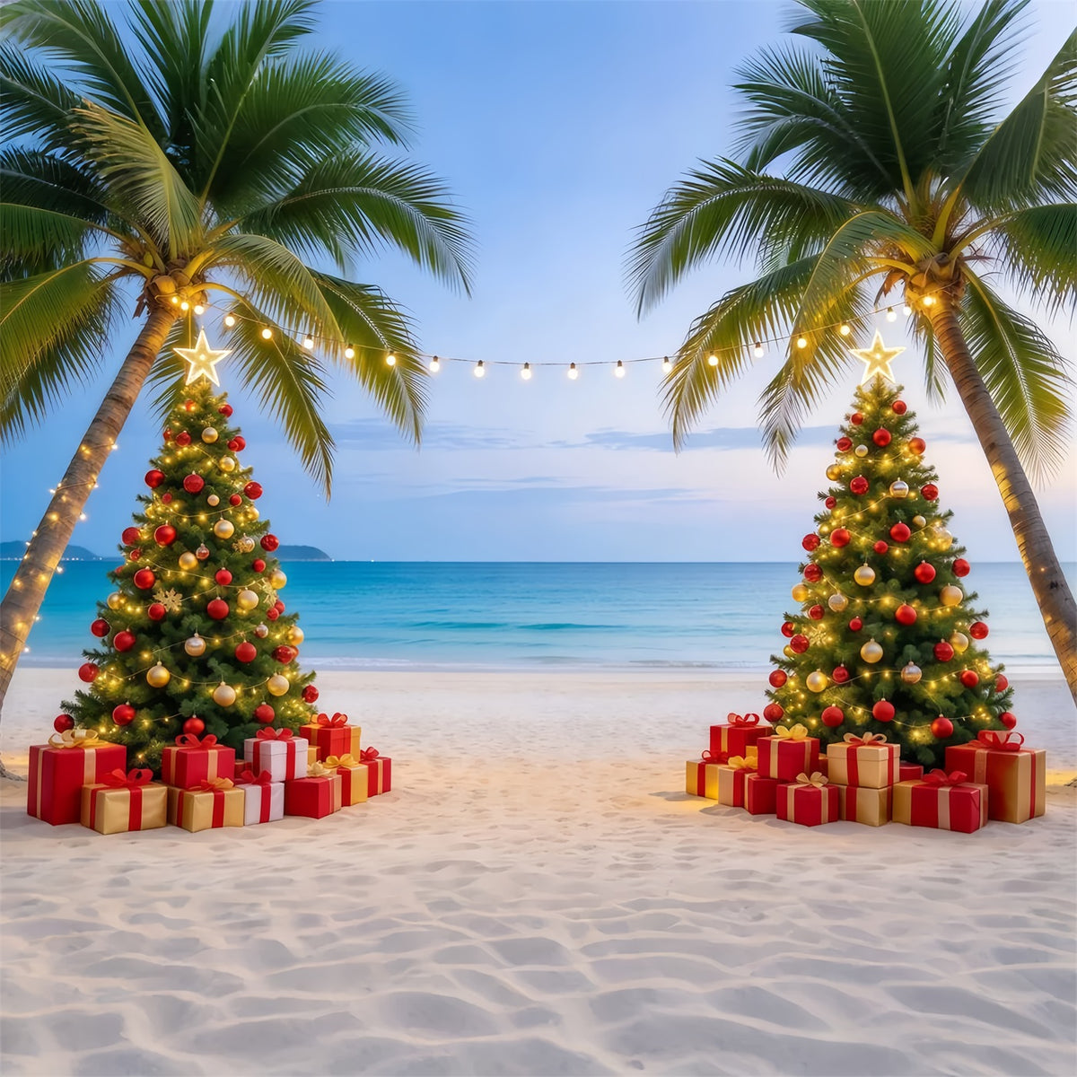 Tropical Christmas Backdrop Sea Beach Twin Trees Christmas in July Photo Backdrop GQ610-86