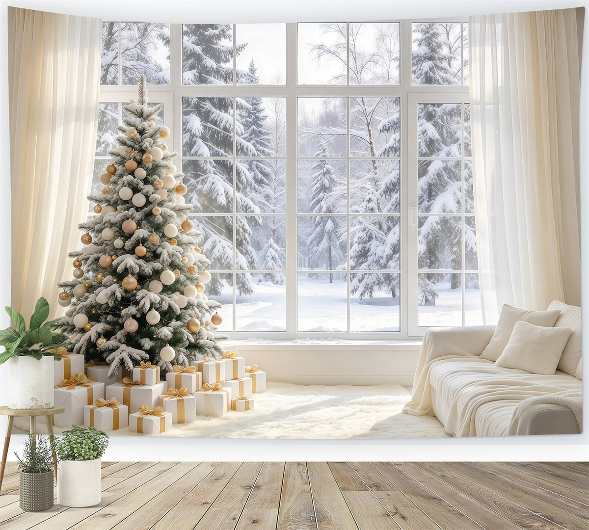 White Christmas Photo Backdrop Ivory Gold Window Retreat Best Christmas Backdrops for Photography GQ610-88