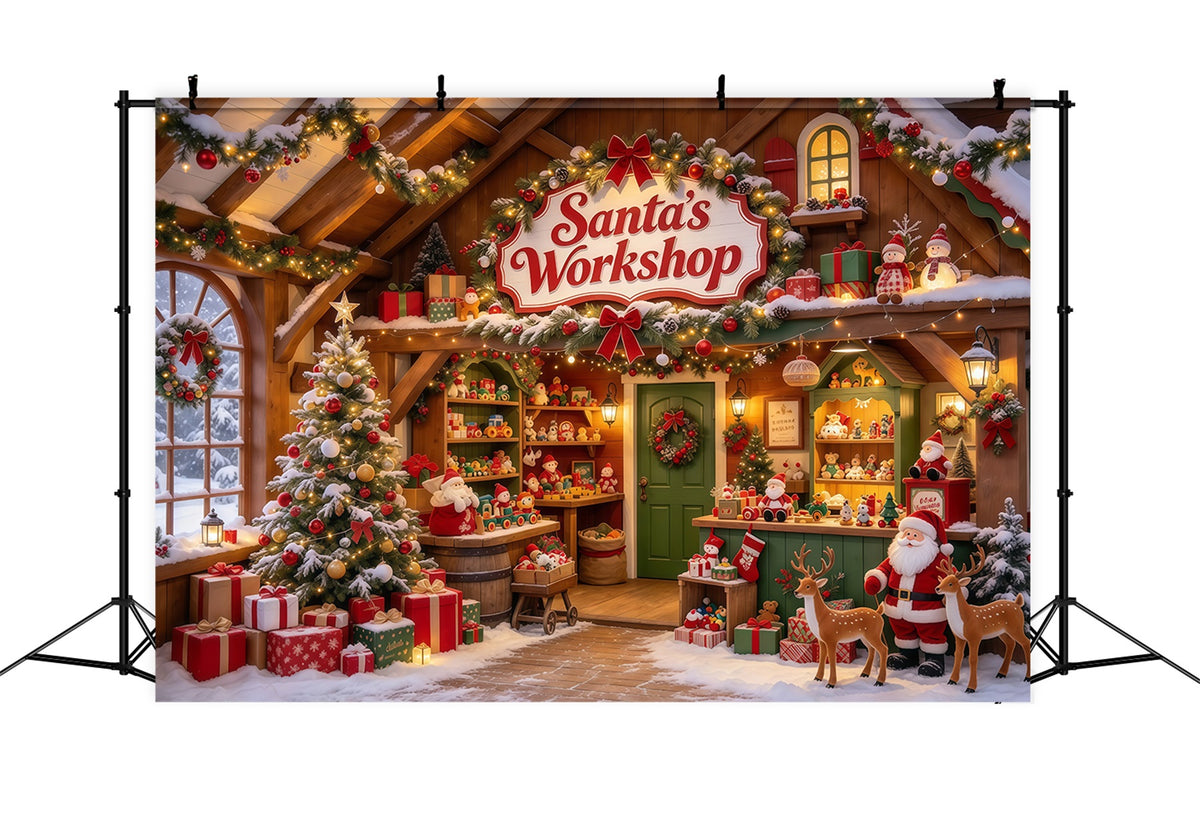 Santa Workshop Backdrop Wooden Toy Shelf Display Christmas Backdrops for Photography GQ610-9