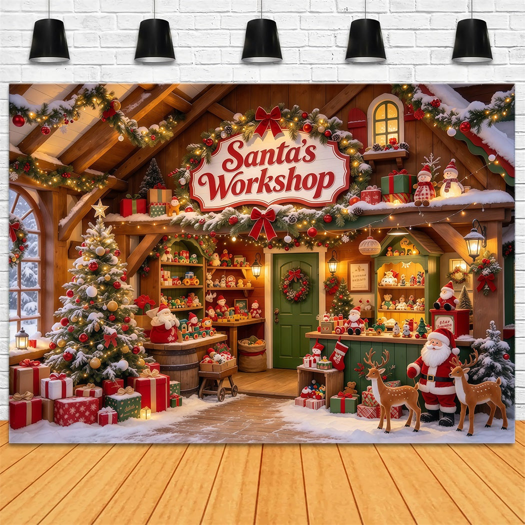 Santa Workshop Backdrop Wooden Toy Shelf Display Christmas Backdrops for Photography GQ610-9
