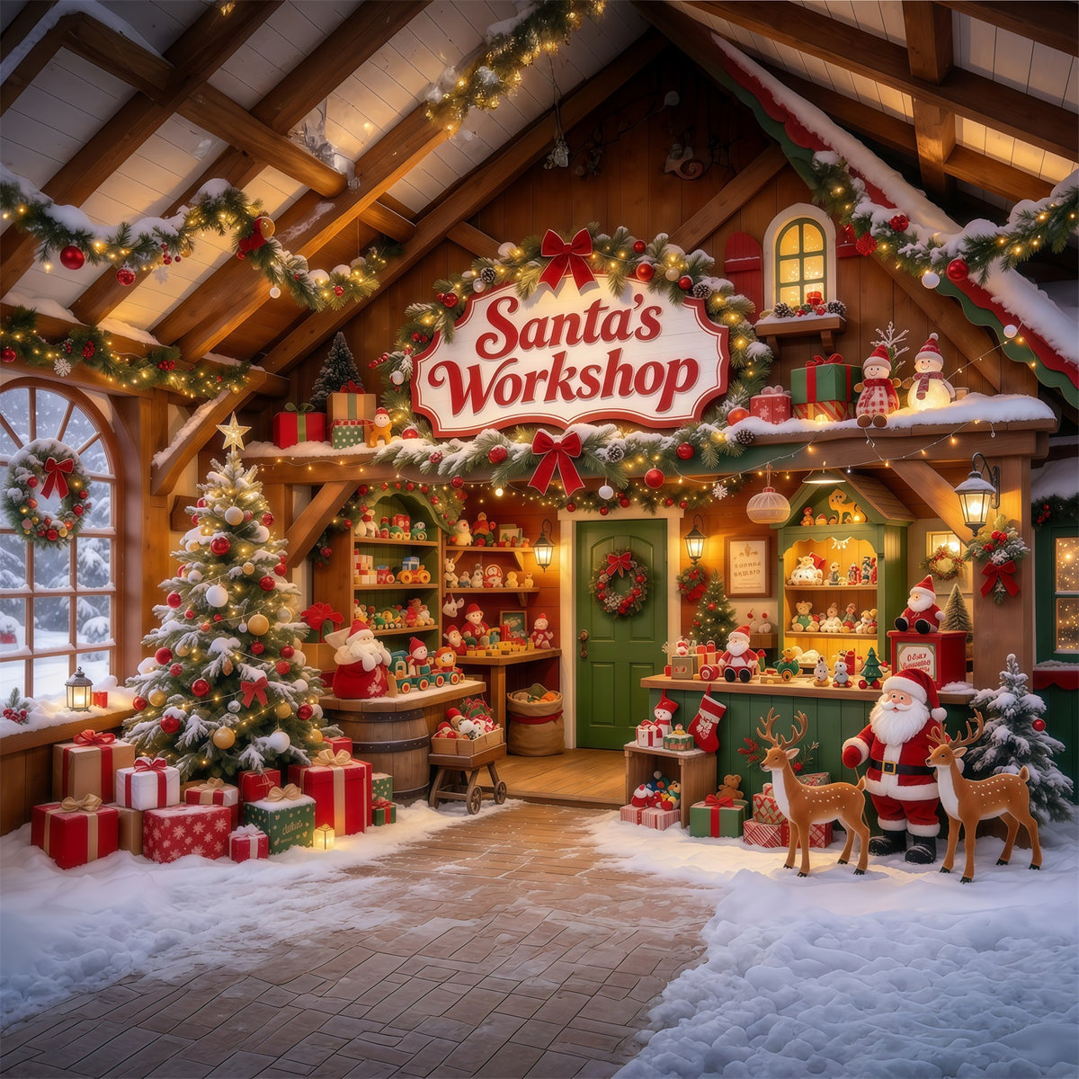 Santa Workshop Backdrop Wooden Toy Shelf Display Christmas Backdrops for Photography GQ610-9