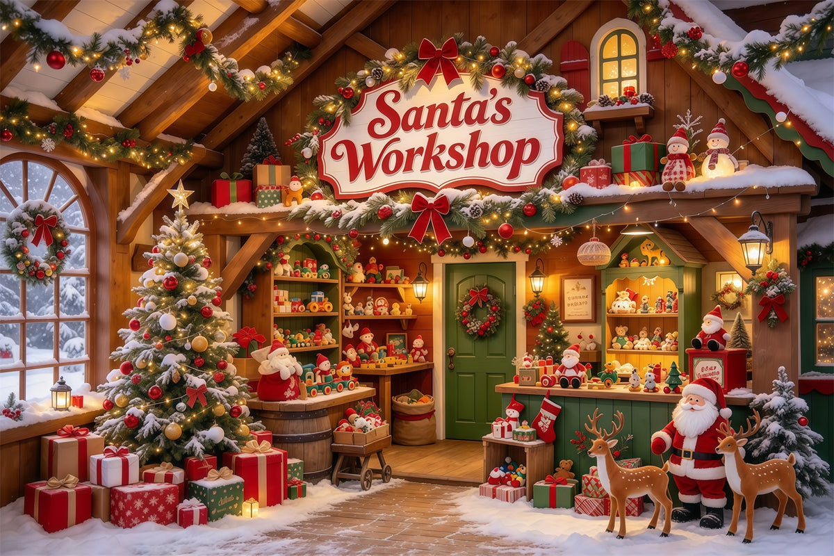 Santa Workshop Backdrop Wooden Toy Shelf Display Christmas Backdrops for Photography GQ610-9